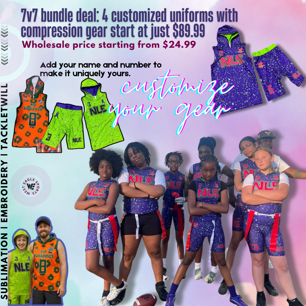7v7 bundle deal 4 customized uniforms with compression gear start at just $89.99