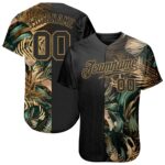 Custom 3d Pattern Design Golden And Green Tropical Leaves In The Style Of Jungle And Hawaii Authentic Baseball Jersey