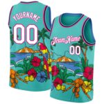 Custom Aqua Pink Light Blue Black 3d Pattern Tropical Beach Hawaii Palm Trees Authentic Basketball Jersey