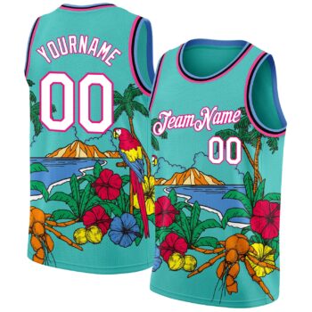 Custom Aqua Pink Light Blue Black 3d Pattern Tropical Beach Hawaii Palm Trees Authentic Basketball Jersey