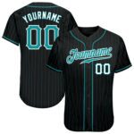 Custom Black Aqua Pinstripe Teal White Authentic Baseball Jersey