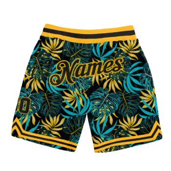 Custom Black Black Gold 3d Pattern Design Tropical Palm Leaves Authentic Basketball Shorts