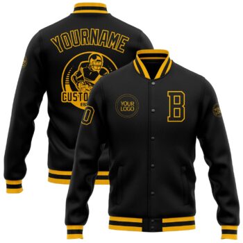 Custom Black Black Gold Bomber Full Snap Varsity Letterman Jacket