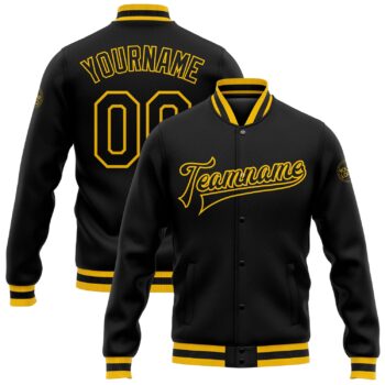 Custom Black Black Gold Bomber Full Snap Varsity Letterman Jacket