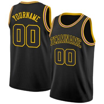 Custom Black Black Gold Round Neck Rib Knit Basketball Jersey