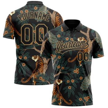 Custom Black Black Old Gold 3d Pattern Design Tiger And Peacock Performance Vapor Golf Polo Shirt