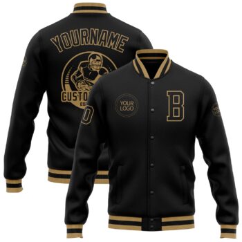 Custom Black Black Old Gold Bomber Full Snap Varsity Letterman Jacket