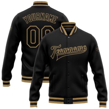 Custom Black Black Old Gold Bomber Full Snap Varsity Letterman Jacket