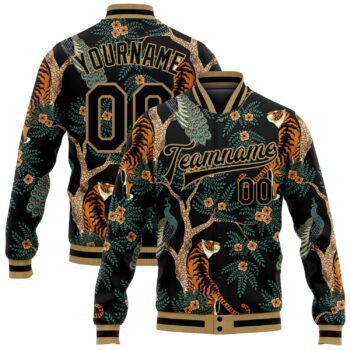 Custom Black Black Old Gold Tiger And Peacock 3d Pattern Design Bomber Full Snap Varsity Letterman Jacket