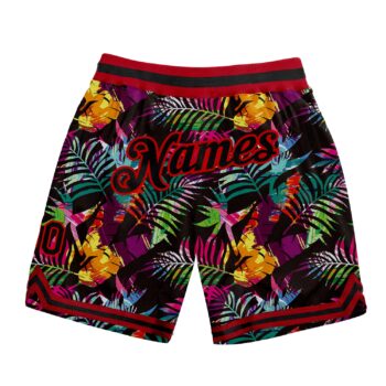 Custom Black Black Red 3d Pattern Design Tropical Palm Leaves Authentic Basketball Shorts