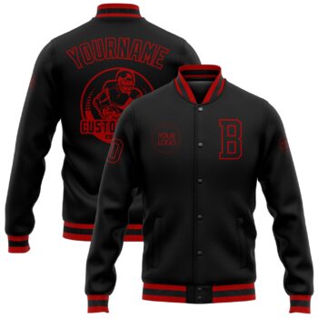 Custom Black Black Red Bomber Full Snap Varsity Letterman Jacket