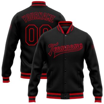 Custom Black Black Red Bomber Full Snap Varsity Letterman Jacket