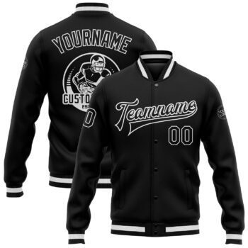 Custom Black Black White Bomber Full Snap Varsity Letterman Jacket
