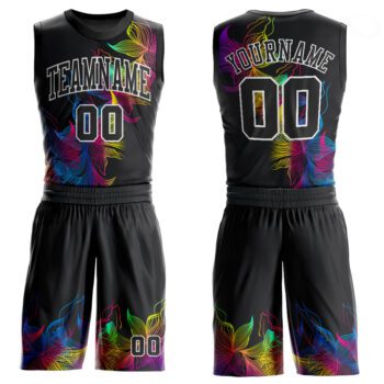 Custom Black Black White Round Neck Sublimation Basketball Suit Jersey