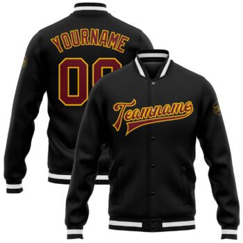 Custom Black Burgundy Gold Bomber Full Snap Varsity Letterman Jacket