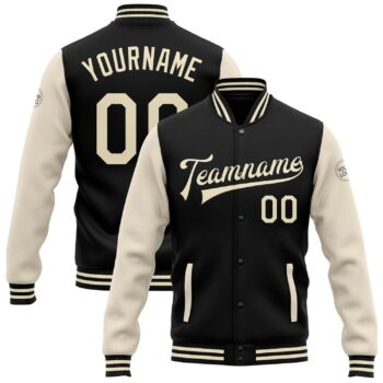 Custom Black Cream Bomber Full Snap Varsity Letterman Two Tone Jacket