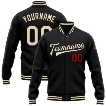 Custom Black Cream Red Bomber Full Snap Varsity Letterman Jacket