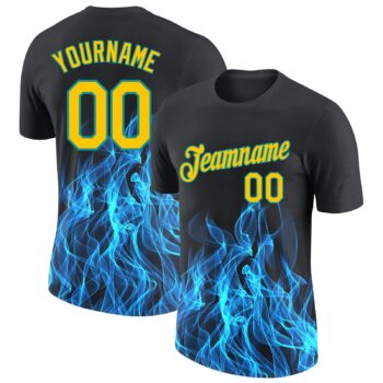 Custom Black Gold Aqua 3d Pattern Design Flame Performance T Shirt