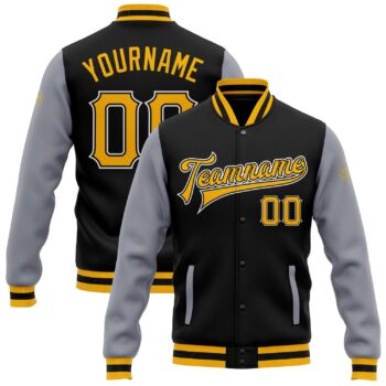 Custom Black Gold Gray Bomber Full Snap Varsity Letterman Two Tone Jacket