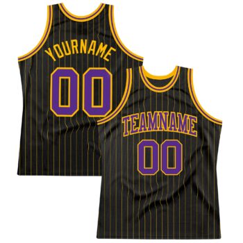 Custom Black Gold Pinstripe Purple Gold Authentic Basketball Jersey