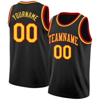 Custom Black Gold Red Round Neck Rib Knit Basketball Jersey