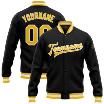 Custom Black Gold White Bomber Full Snap Varsity Letterman Jacket