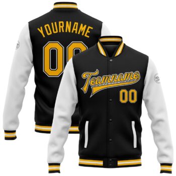 Custom Black Gold White Bomber Full Snap Varsity Letterman Two Tone Jacket