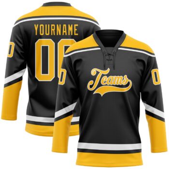 Custom Black Gold White Hockey Lace Neck Jersey