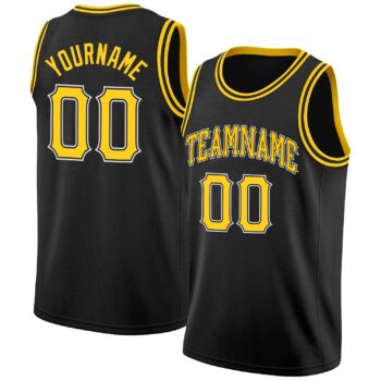 Custom Black Gold White Round Neck Rib Knit Basketball Jersey