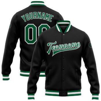 Custom Black Kelly Green White Bomber Full Snap Varsity Letterman Jacket