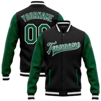 Custom Black Kelly Green White Bomber Full Snap Varsity Letterman Two Tone Jacket