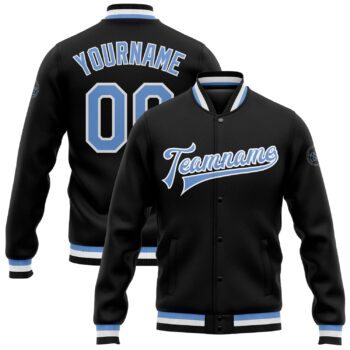 Custom Black Light Blue White Bomber Full Snap Varsity Letterman Jacket