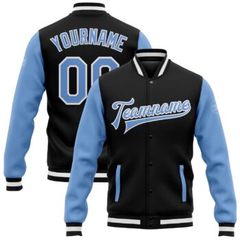Custom Black Light Blue White Bomber Full Snap Varsity Letterman Two Tone Jacket