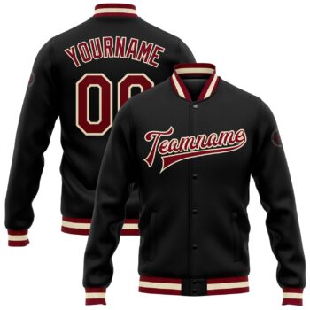 Custom Black Maroon Cream Bomber Full Snap Varsity Letterman Jacket