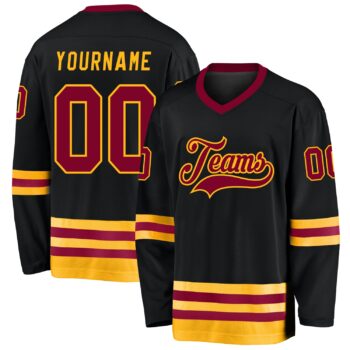 Custom Black Maroon Gold Hockey Jersey