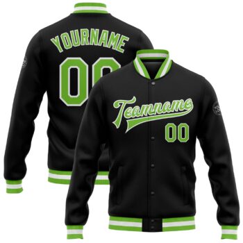 Custom Black Neon Green White Bomber Full Snap Varsity Letterman Jacket