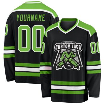 Custom Black Neon Green White Hockey Jersey