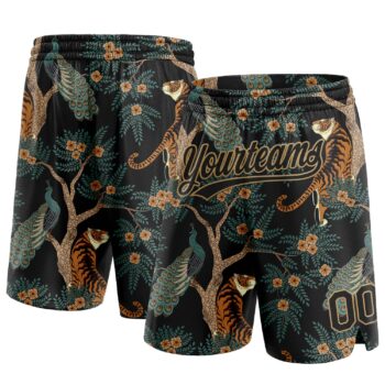 Custom Black Old Gold 3d Pattern 3d Pattern Design Tiger And Peacock Authentic Basketball Shorts
