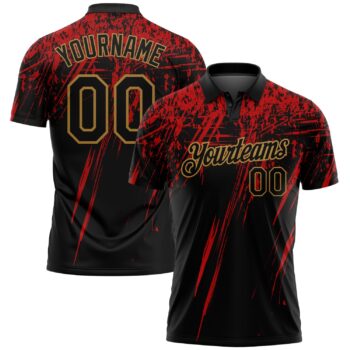 Custom Black Old Gold Red 3d Pattern Design Sharp Shape Performance Golf Polo Shirt