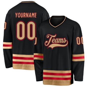 Custom Black Old Gold Red Hockey Jersey