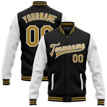 Custom Black Old Gold White Bomber Full Snap Varsity Letterman Two Tone Jacket