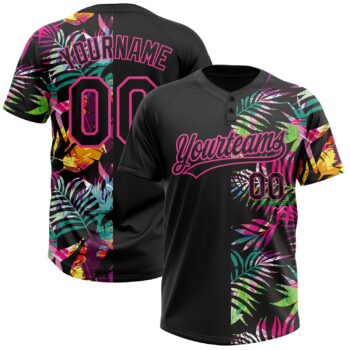 Custom Black Pink 3d Pattern Hawaii Tropical Palm Leaves Two Button Unisex Softball Jersey