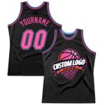 Custom Black Pink Light Blue Authentic Throwback Basketball Jersey