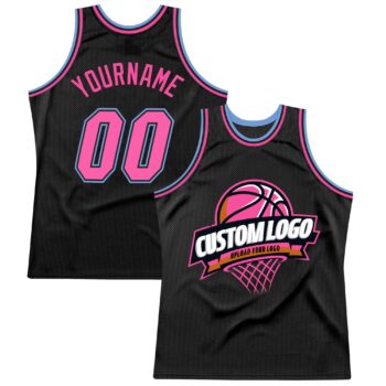 Custom Black Pink Light Blue Authentic Throwback Basketball Jersey