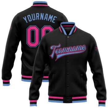 Custom Black Pink Light Blue Bomber Full Snap Varsity Letterman Jacket