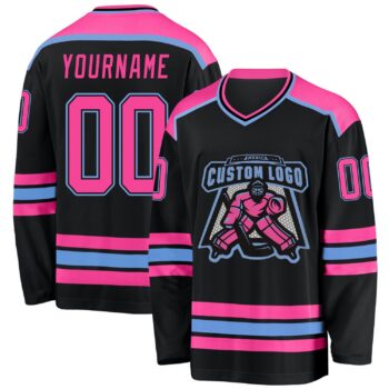 Custom Black Pink Light Blue Hockey Jersey