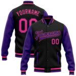 Custom Black Pink Purple Bomber Full Snap Varsity Letterman Two Tone Jacket