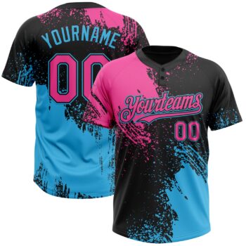 Custom Black Pink Sky Blue 3d Pattern Abstract Brush Stroke Two Button Unisex Softball Jersey