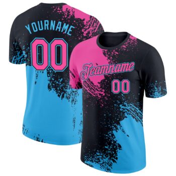 Custom Black Pink Sky Blue 3d Pattern Design Abstract Brush Stroke Performance T Shirt