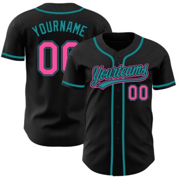 Custom Black Pink Teal Authentic Baseball Jersey
